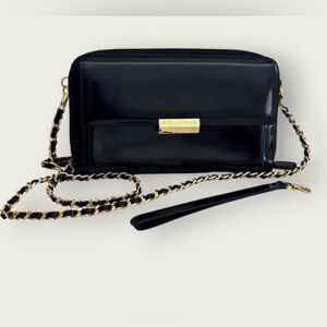 St John Black Patent Leather Wallet Clutch Crossbody Chain Strap Vintage